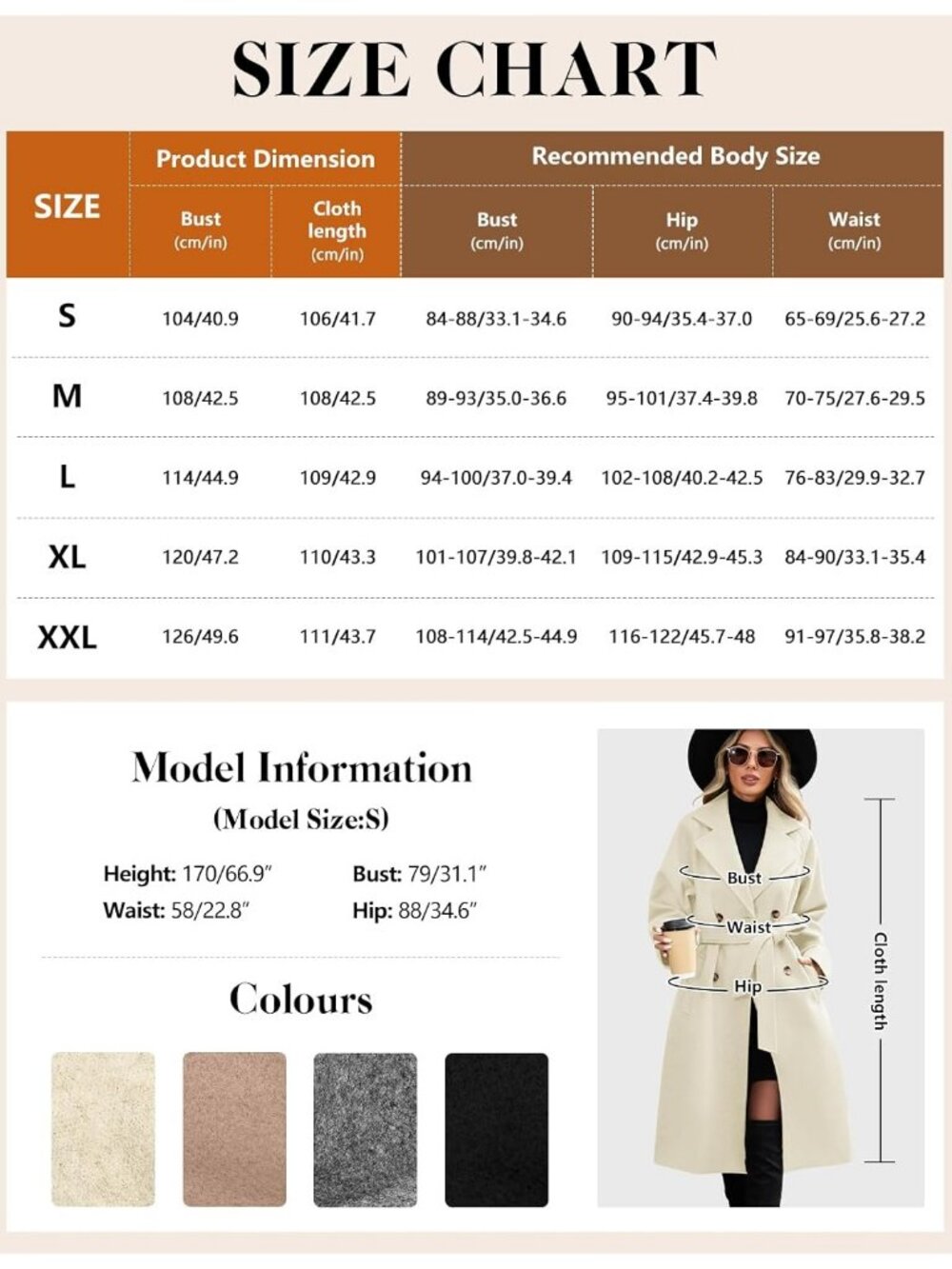 Women's Beige Polyester Mid length Autumn Elegant Double Breasted Long Pea Coat - Picture 6 of 6